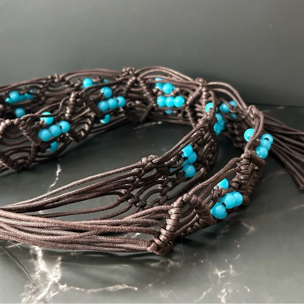 Vintage Artisan Brown and Blue Beaded Belt
